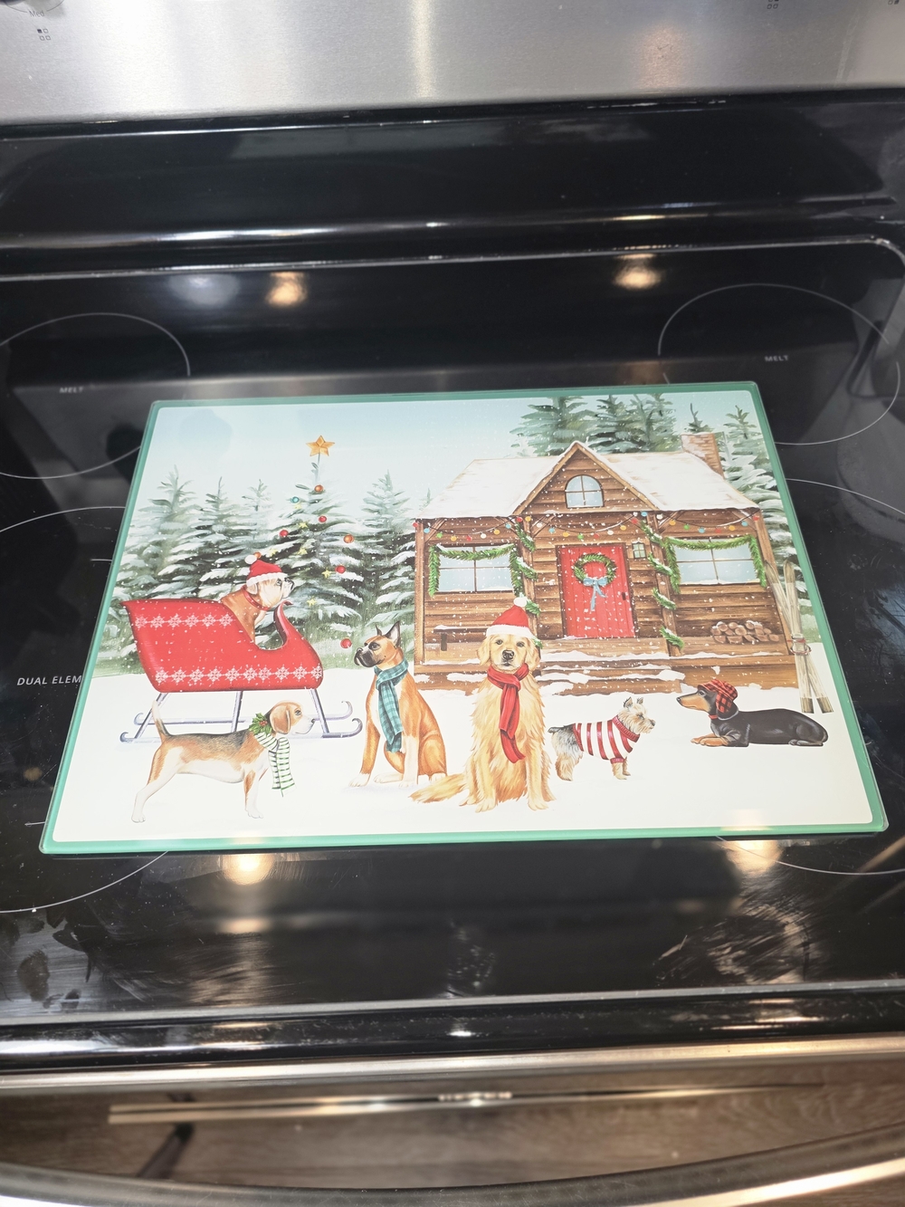 Festive Dogs Holiday Glass Cutting Board - Green Trim